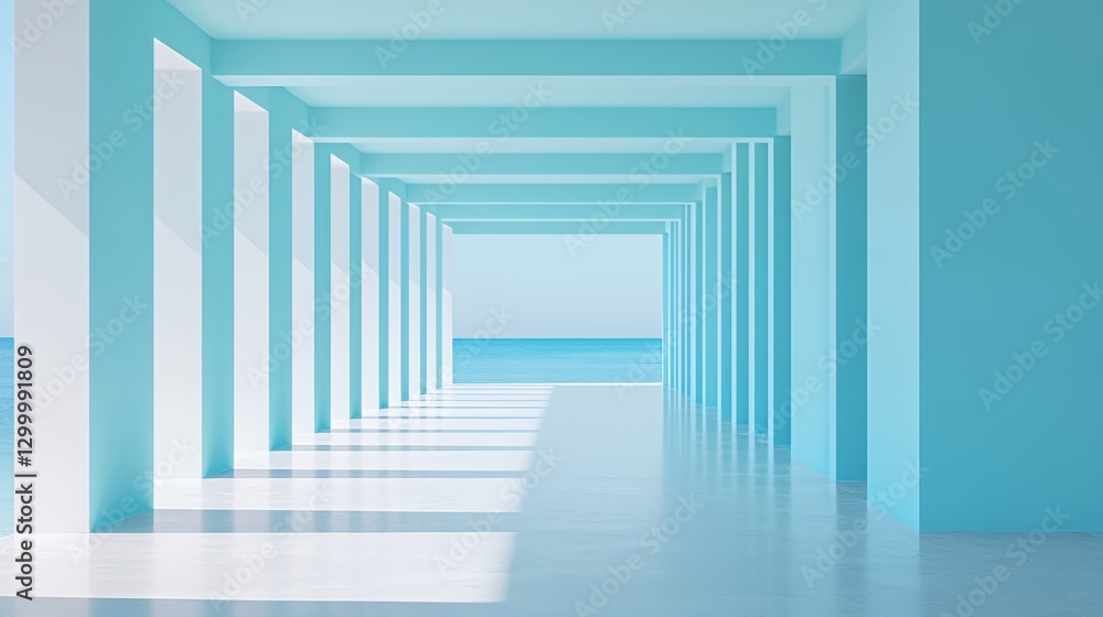 Fototapeta premium Modern Minimalist Architecture Corridor with Ocean View