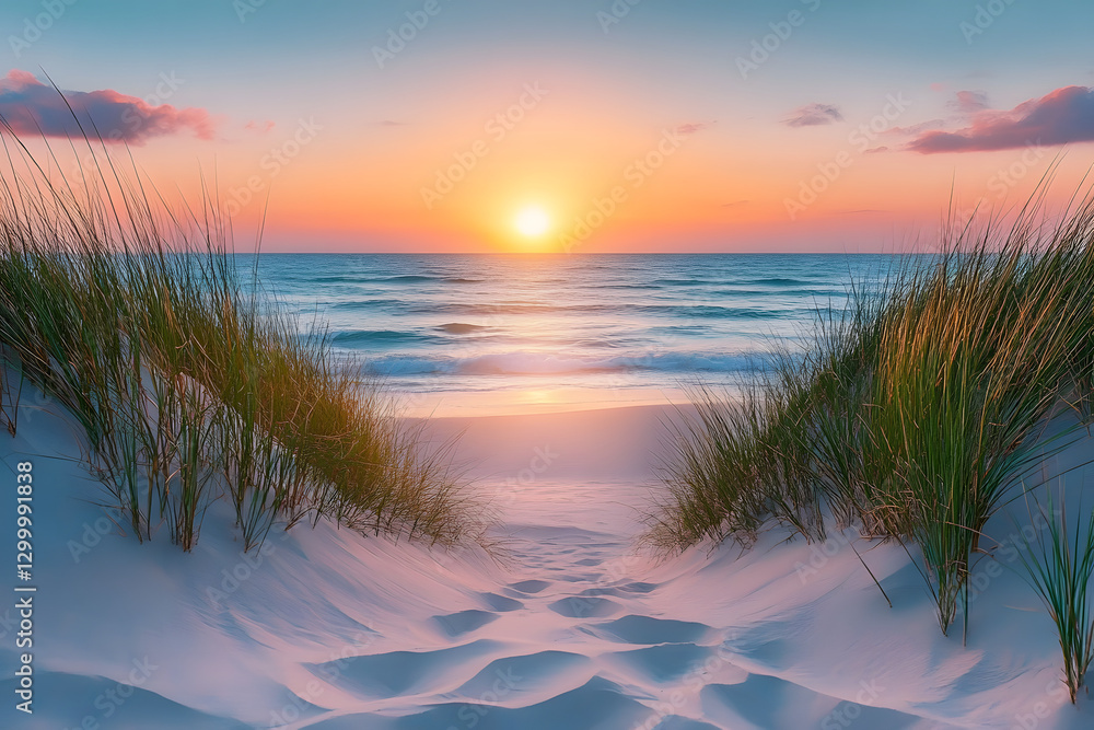 Sandweg durch Dünen mit Blick auf den Sonnenuntergang über dem Meer
Sandweg durch Dünen mit Blick auf den Sonnenuntergang über dem Meer