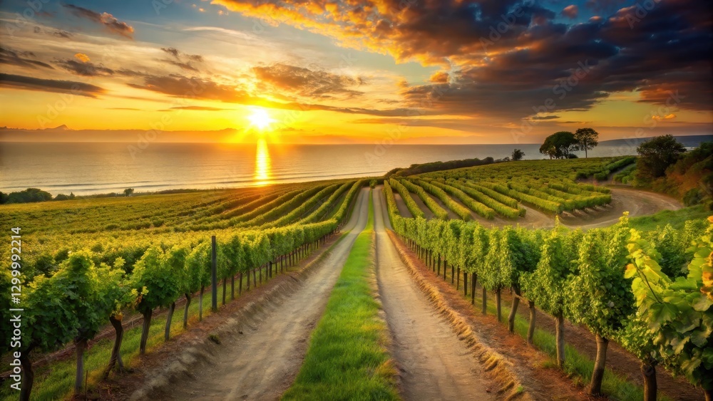 Naklejka premium A serene vineyard by the sea with a winding path leading to a cluster of lush green grapevines, against a warm golden sky with gentle waves in the background , seaside vineyard, grapes