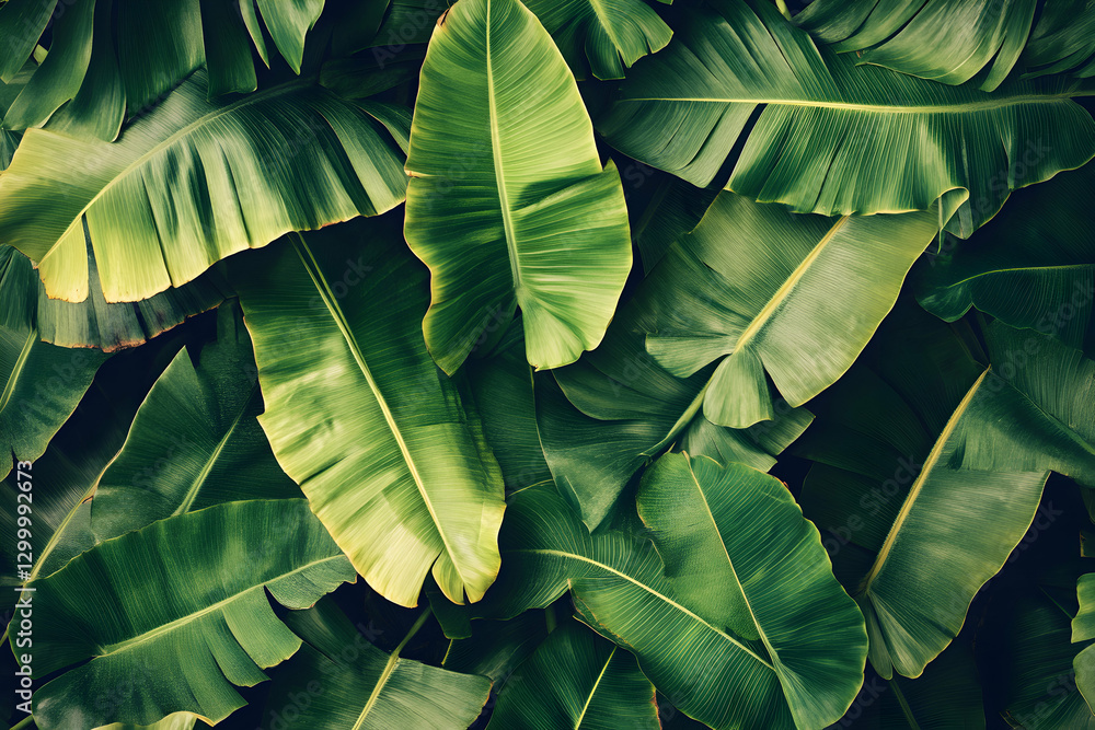 Obraz premium Lush green banana leaves, tropical foliage background, vibrant natural texture, exotic plant backdrop.