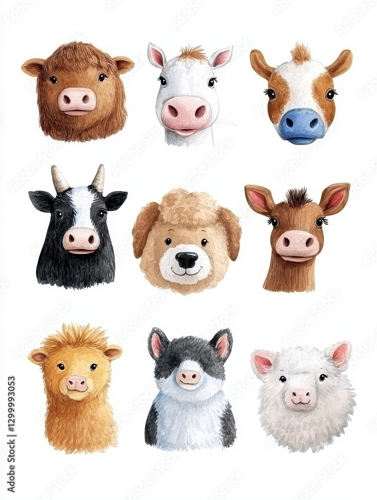 Fototapeta premium Charming farm animal faces pastoral setting digital illustration whimsical environment close-up view cute concept