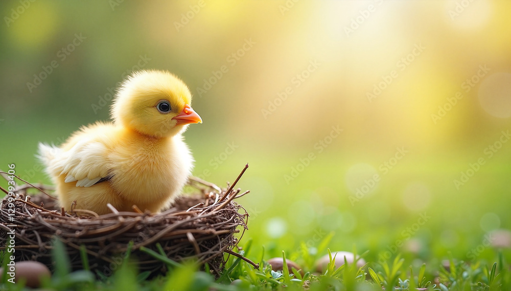 Cheerful springtime greeting card with baby chicks in a nest on a sunny day and copy space for text Cheerful springtime greeting card with baby chicks in a nest on a sunny day and copy space for text