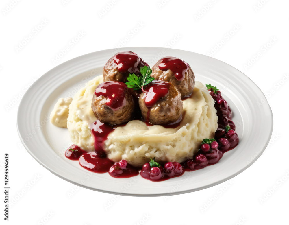A Swedish meatball dish with tender meatballs served with creamy mashed potatoes isolated on white or transparency background A Swedish meatball dish with tender meatballs served with creamy mashed potatoes isolated on white or transparency background