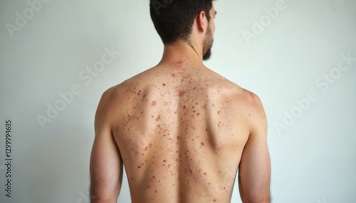 Close-up bare man back with scattered moles. Skin pigmentation, checking benign moles, birthmarks. Dermatology, skin cancer prevention, medical exam, monitor changes, protect health.