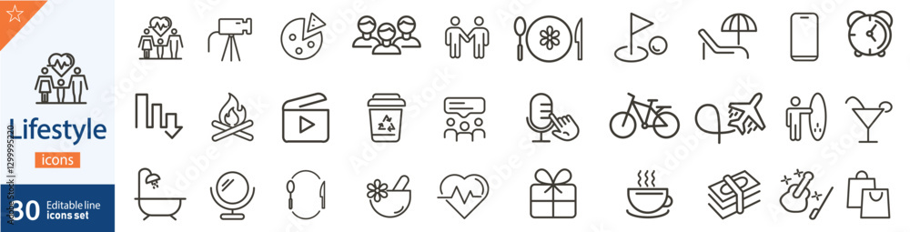 Obraz premium Lifestyle Line Icons Set. Collection of 30 outline vector icons representing daily life, health, wellness, fashion, travel, fitness, food, and modern living. Editable stroke linear illustration.