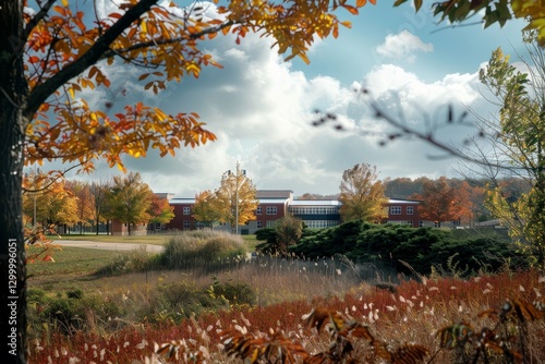 A picturesque view of a brick building on a college campus, surrounded by vibrant foliage during the autumn season, A view of the campus from afar