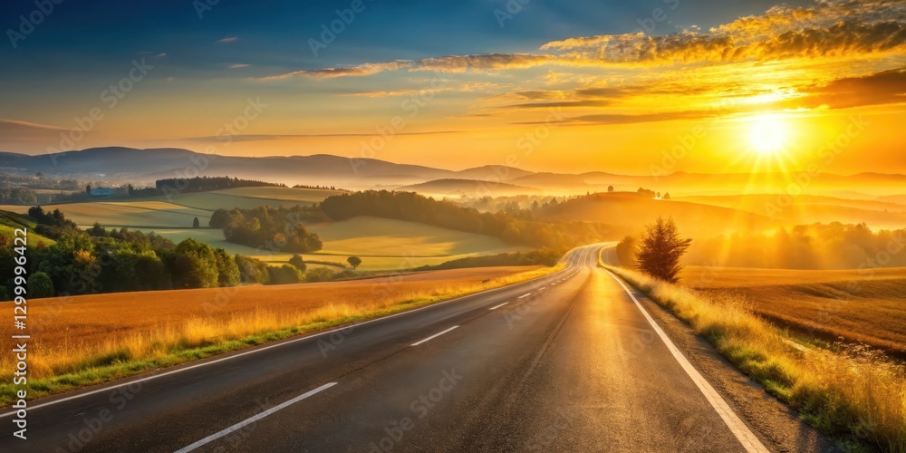 Fototapeta premium Golden sunrise over rural landscape with asphalt highway and rolling hills in the background, with soft morning light casting a warm glow on the terrain, golden hour, countryside