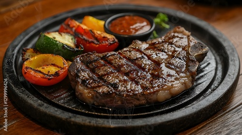 Grilled steak with vegetables on a cast iron plate photo