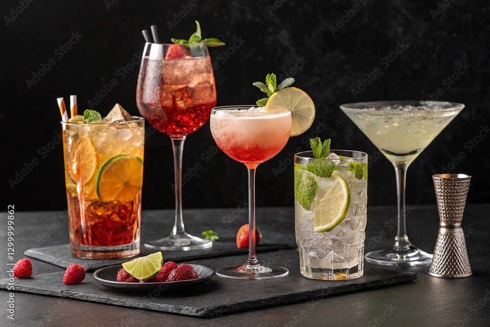 Fototapeta premium Five colorful cocktails on black slate.