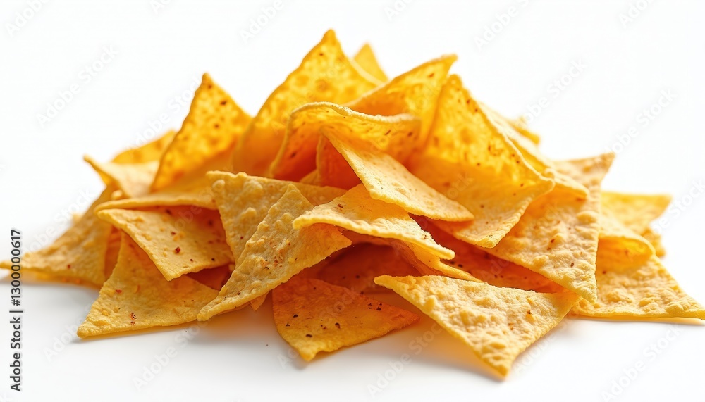 Crispy tortilla chips pile on white background. Crunchy corn nachos, salty snack, tasty, delicious, fried appetizer. Mexican cookery, party food, fast food. Triangle form chips for dip sauce. Crispy tortilla chips pile on white background. Crunchy corn nachos, salty snack, tasty, delicious, fried appetizer. Mexican cookery, party food, fast food. Triangle form chips for dip sauce.