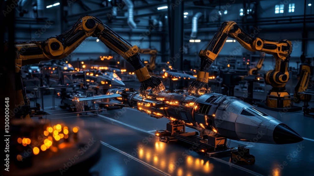Robotic arms assembling aircraft in a hyperrealistic factory industrial environment close-up view technology concept Robotic arms assembling aircraft in a hyperrealistic factory industrial environment close-up view technology concept