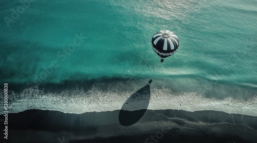 Hot air balloon flight over ocean coast, shadow on beach