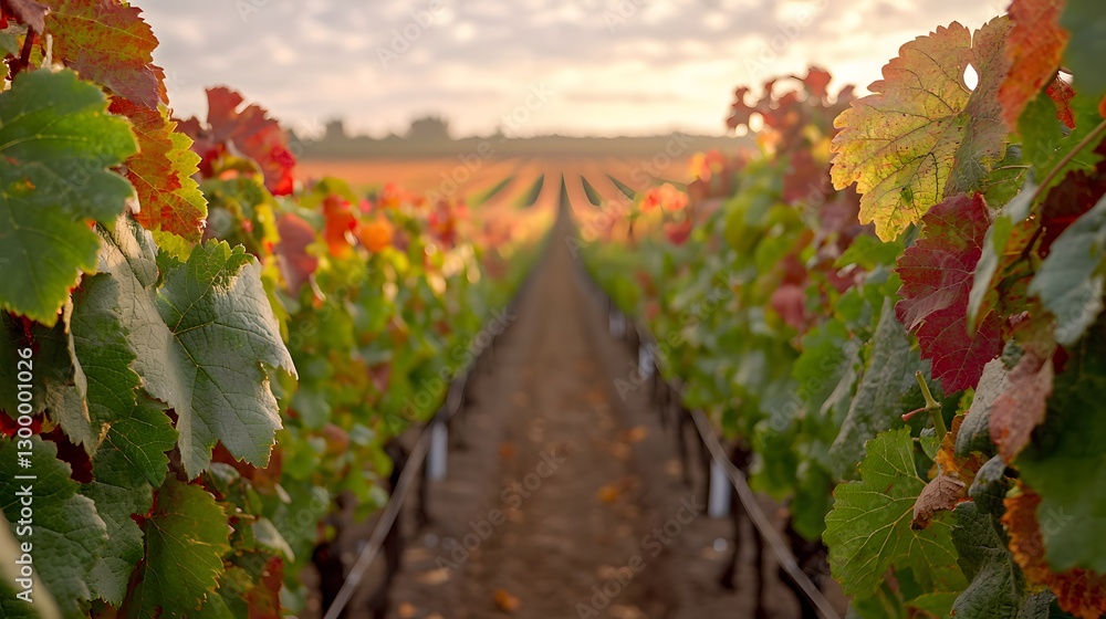 Fototapeta premium Early Autumn Vineyard Scene with Colorful Leaves and Breathtaking Sunlight