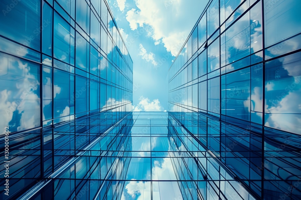 Obraz premium A low-angle view of a modern skyscraper with reflective glass windows that reflect the cloudy sky, Smart building systems for intelligent automation and energy efficiency