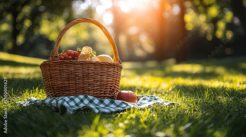 A Woven Basket on Green Grass with Sunlight and Checkered Cloth A Woven Basket on Green Grass with Sunlight and Checkered Cloth