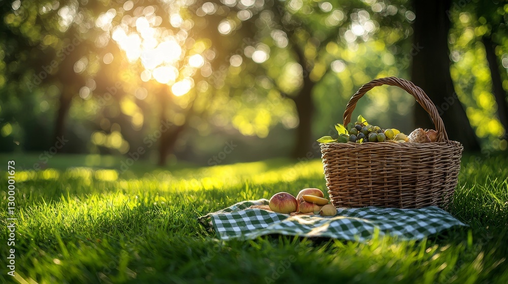A Woven Basket on Green Grass with Sunlight and Checkered Cloth A Woven Basket on Green Grass with Sunlight and Checkered Cloth