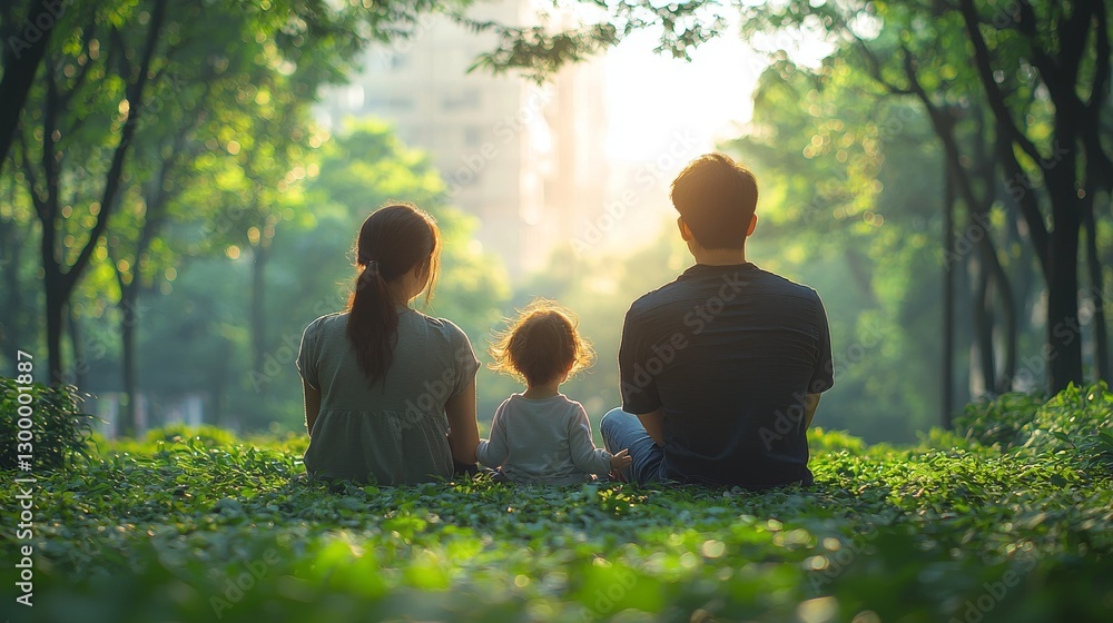Park Surrounded by Green Trees and Urban Landscape, Family Enjoys Picnic