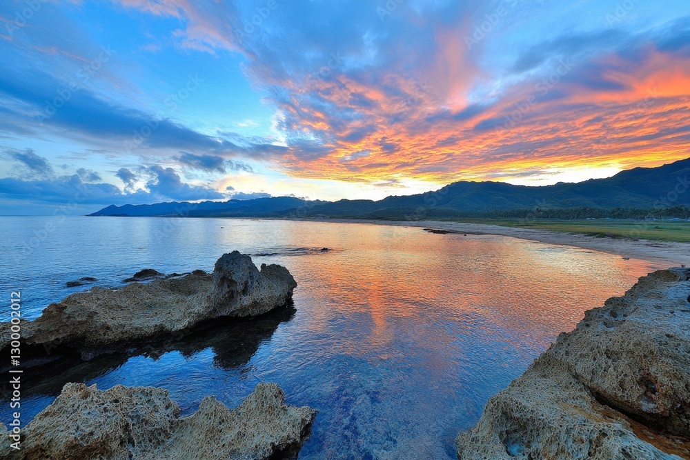 Obraz premium A panoramic view of an island sunrise, with the ocean glowing in warm orange and pink tones