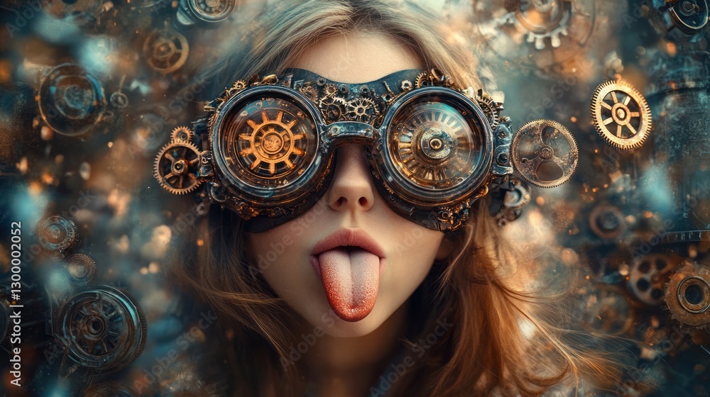 Εκτύπωση καμβά A young woman in steampunk glasses, sticking out her tongue, against the background of intricate gears and cogs, in an industrial steampunk city