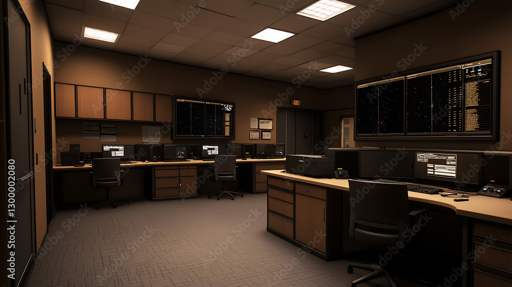 Fototapeta premium Ai-driven production facility overview high-tech environment digital workstation modern office focused perspective innovative integration