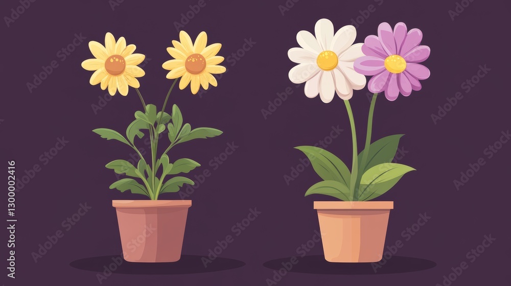 Vibrant Potted Flowers: A Delightful Duo of Yellow and Purple Blooms Vibrant Potted Flowers: A Delightful Duo of Yellow and Purple Blooms