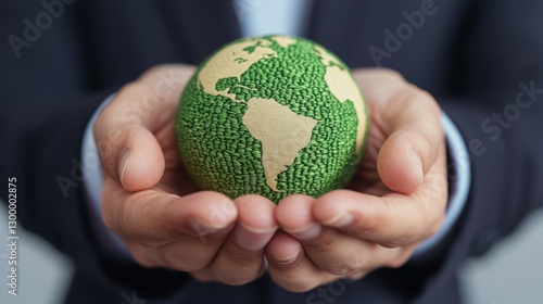 A person in a suit holds a small globe covered in greenery, symbolizing environmental sustainability and care for the planet. photo