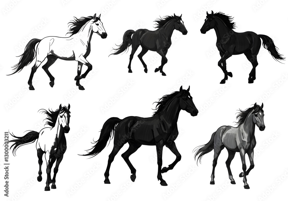 Dynamic Black and Grey Horses in Motion Against a Transparent Background Dynamic Black and Grey Horses in Motion Against a Transparent Background