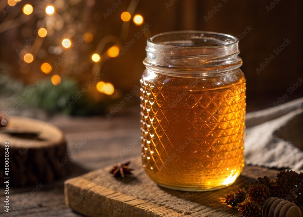 Festive Honey Jar on Rustic Wooden Board Festive Honey Jar on Rustic Wooden Board