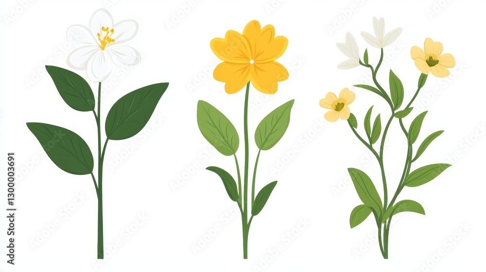 Elegant Floral Collection: White, Yellow and Green Botanical Illustrations Elegant Floral Collection: White, Yellow and Green Botanical Illustrations