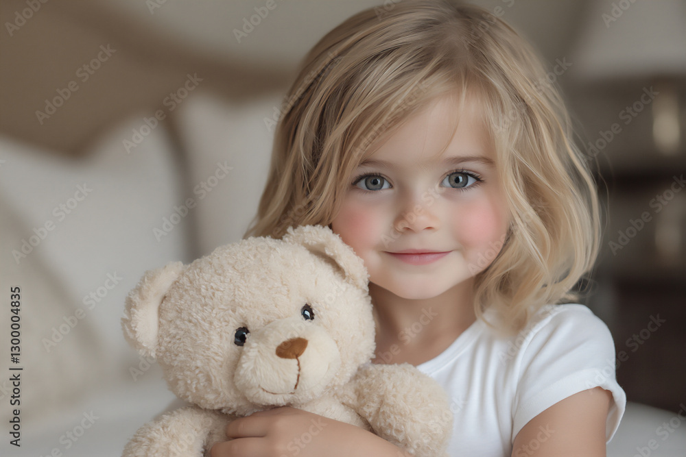a cute little girl is holding her teddy bear and smiling at the camera, a cute little girl is holding her teddy bear and smiling at the camera,