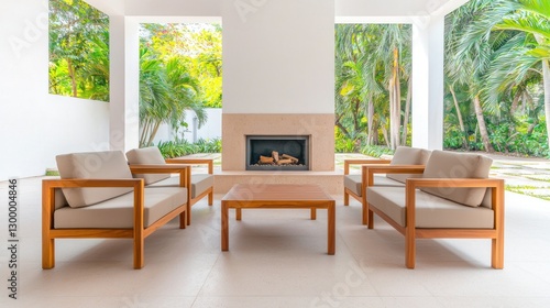 A modern outdoor lounge area featuring wooden furniture  a central table  and a cozy fireplace  surrounded by lush greenery.