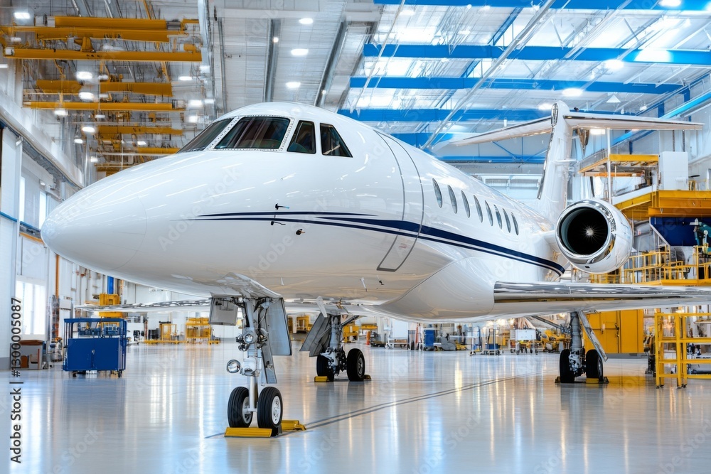 Jet aircraft undergoing maintenance in an expansive hangar during daytime operations with bright lighting Jet aircraft undergoing maintenance in an expansive hangar during daytime operations with bright lighting