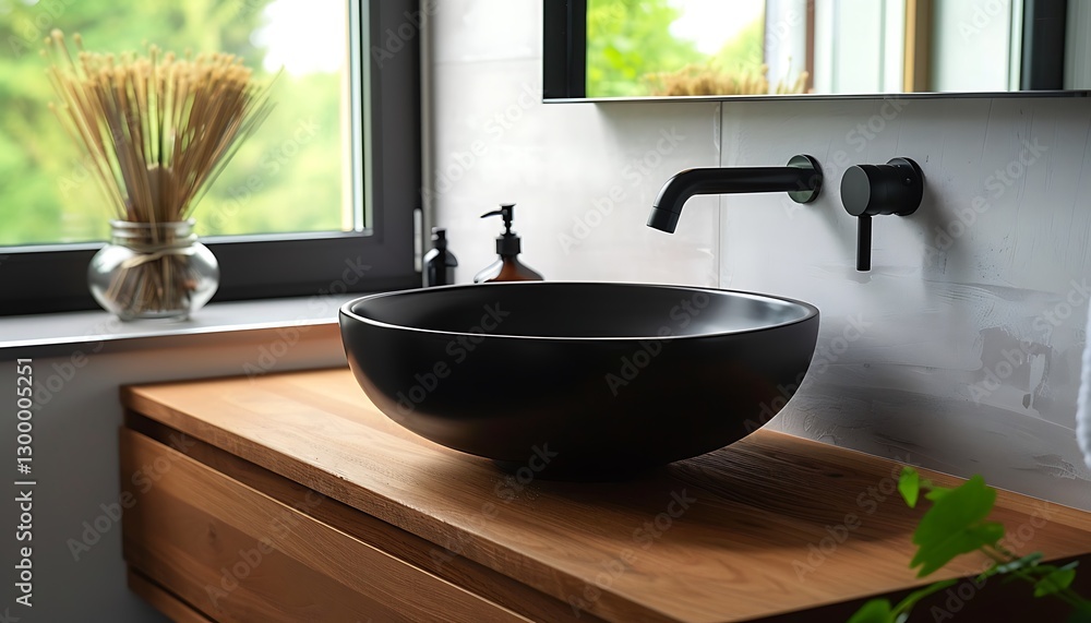 Modern bathroom, black round sk, wooden cabet, wdow, mimalistic black faucet, copy space,