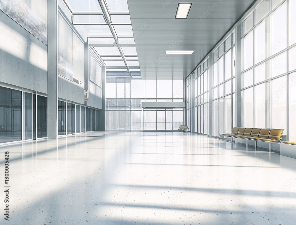 Modern spacious airport terminal hallway with large windows, sunlight streaming in, and empty seating. Modern spacious airport terminal hallway with large windows, sunlight streaming in, and empty seating.