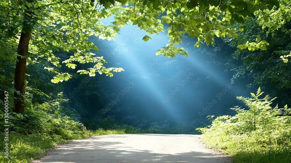 Fototapeta premium Sunlit forest path with lush greenery and light beams