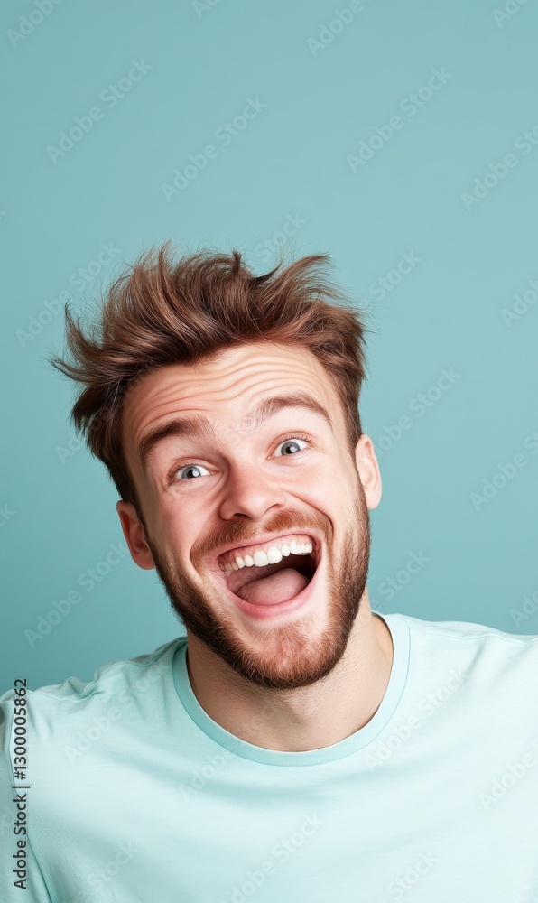 Joyful young man laughing with excitement against a blue background during a casual portrait session Joyful young man laughing with excitement against a blue background during a casual portrait session
