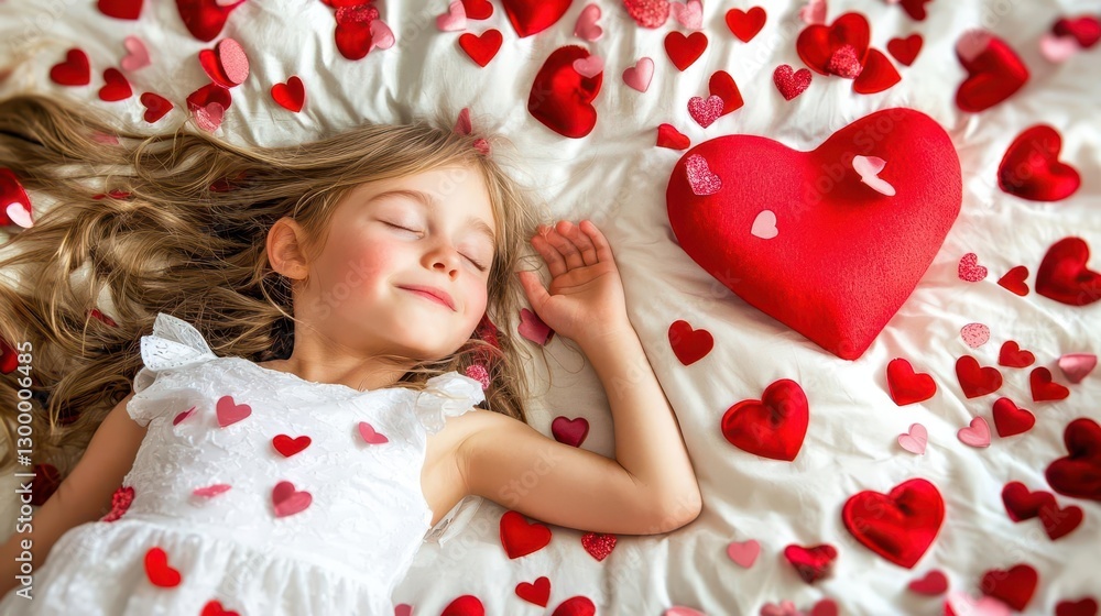 Peaceful Girl Sleeping on Red Heart Shaped Pillows in White Bed Peaceful Girl Sleeping on Red Heart Shaped Pillows in White Bed