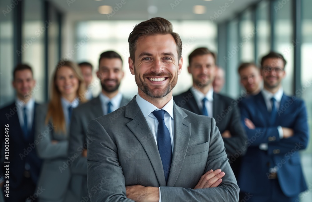 Attractive smiling man in suit with folded arms, group of office workers at background. Successful businessman, confident entrepreneur, corporate staff. Leadership, team building, human resources Attractive smiling man in suit with folded arms, group of office workers at background. Successful businessman, confident entrepreneur, corporate staff. Leadership, team building, human resources