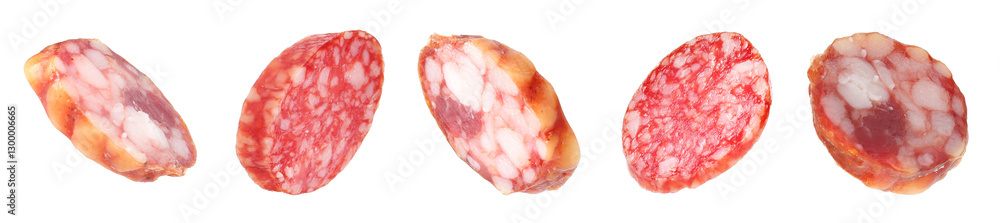 Slices of smoked sausages isolated on white, set Slices of smoked sausages isolated on white, set
