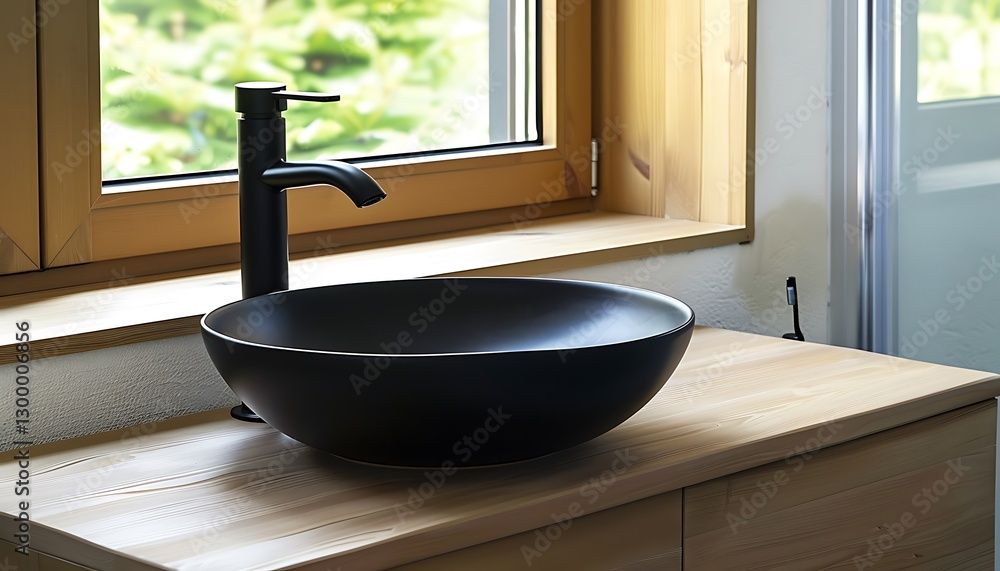 Modern bathroom, black round sk, wooden cabet, wdow, mimalistic black faucet, copy space,