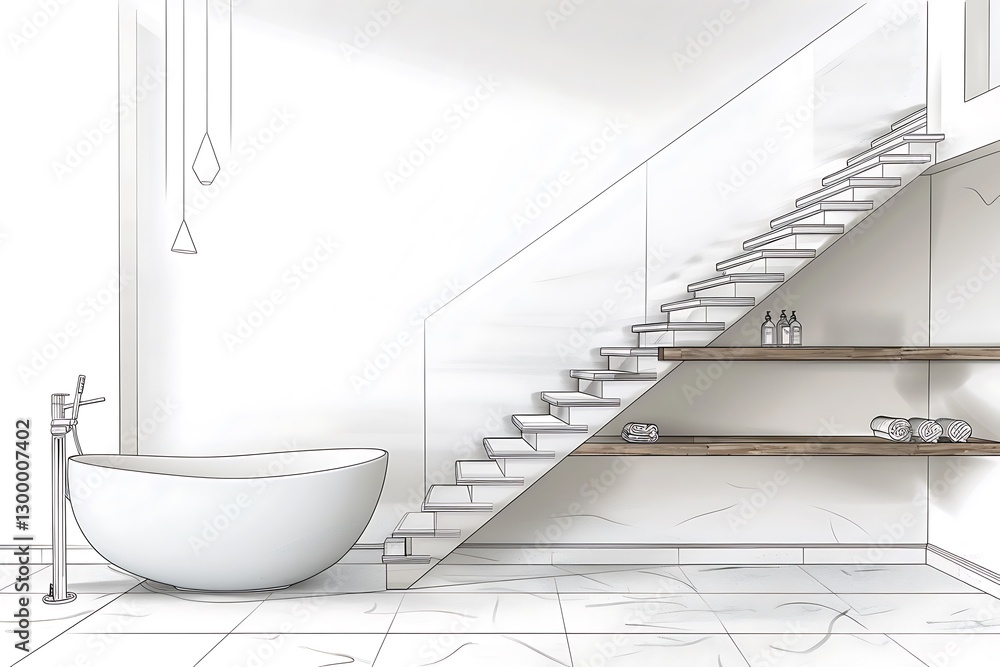 Modern bathroom, bathtub under stairs, floatg shelves, le drawg and blank mockup,