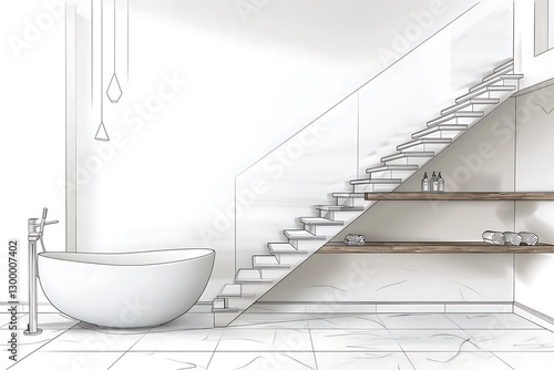Obraz na płótnie Modern bathroom, bathtub under stairs, floatg shelves, le drawg and blank mockup, w salonie