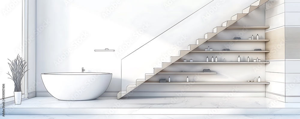 Modern bathroom, bathtub under stairs, floatg shelves, half le drawg, blank mockup,