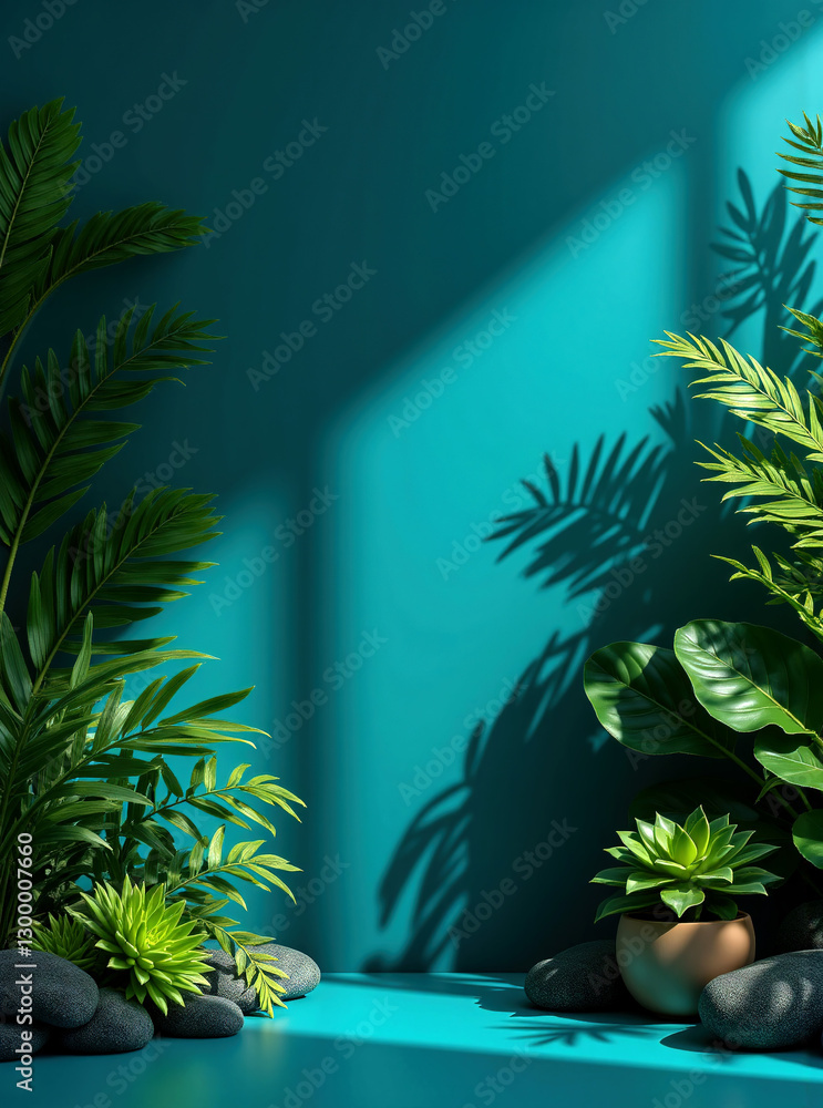 Obraz premium Eco-Chic Vertical Poster: Green Plant Frame on a Dark Cyan Background