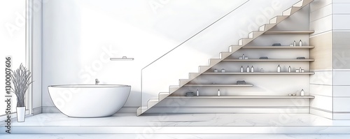 Obraz na płótnie Modern bathroom, bathtub under stairs, floatg shelves, half le drawg, blank mockup, w salonie