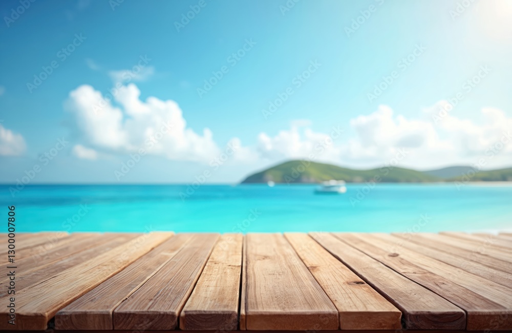 Fototapeta premium Wooden planks tabletop with blurred turquoise sea, blue sky background. Summer vacation scene on coast, relax holiday mood. Empty table surface for product display and advertising, blank space.