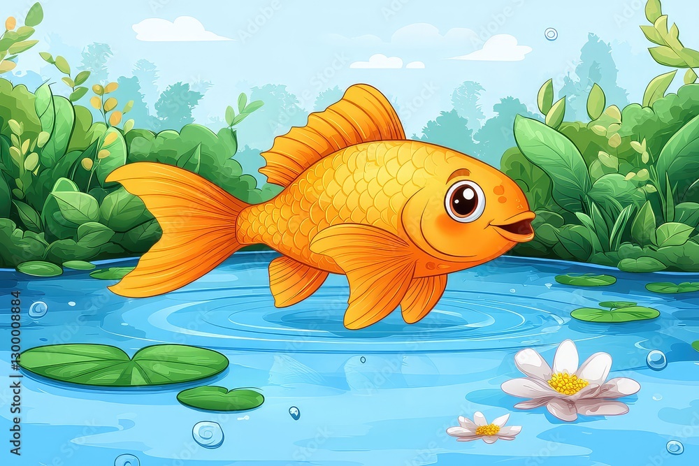 Naklejka premium A vibrant orange goldfish swimming joyfully in a serene pond surrounded by lush greenery and water lilies