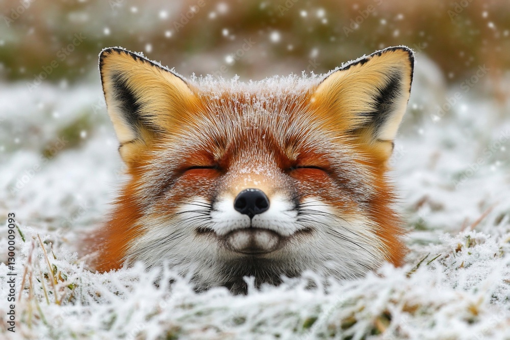 Obraz premium A red fox rests peacefully in snowy grass, eyes closed, during a snowfall.