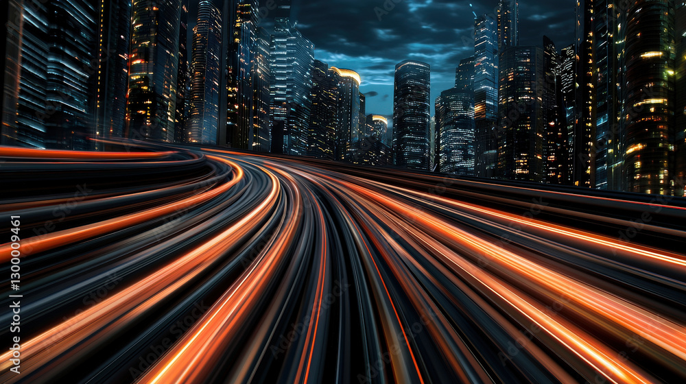 Naklejka premium A dynamic cityscape at night, showcasing vibrant light trails and towering skyscrapers under a dramatic sky.
