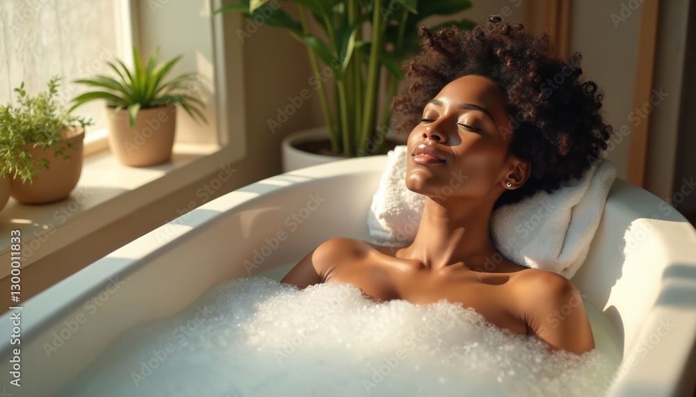 Naklejka premium Woman relaxes in bubble bath. African American female enjoys self-care, wellness in bathtub with foam. Morning sun bathes face. Girl with plants in modern bathroom, enjoying spa, beauty treatments.